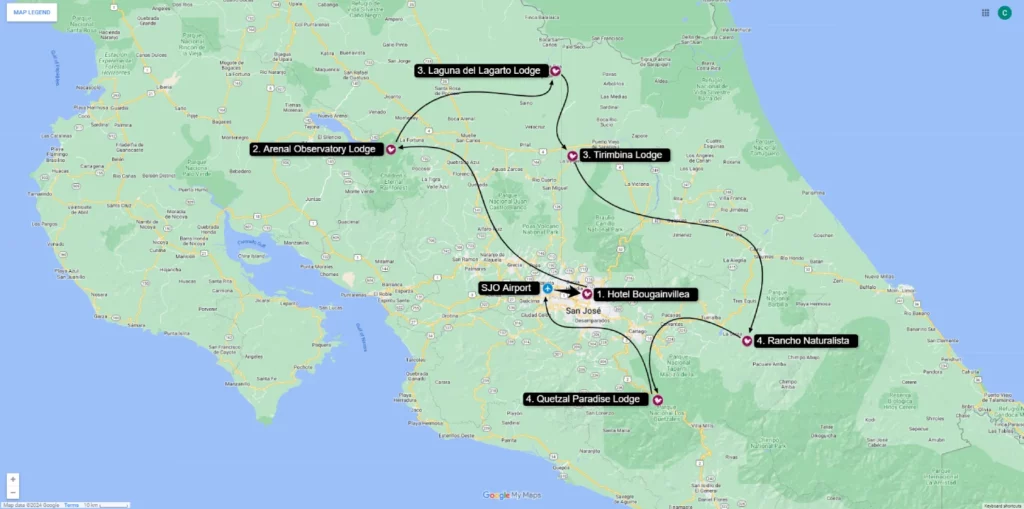 Costa Rica Bird Photography Tour Map