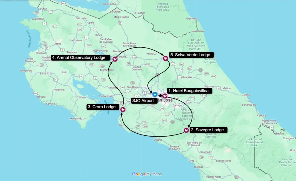 Costa Rica Photo Quest tour map