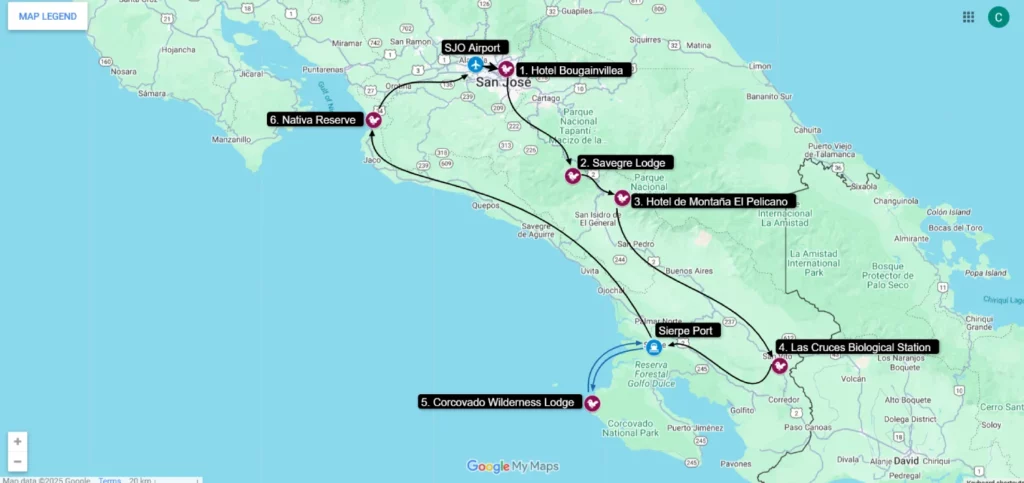 Costa Rican Birds through the Lens Tour Map